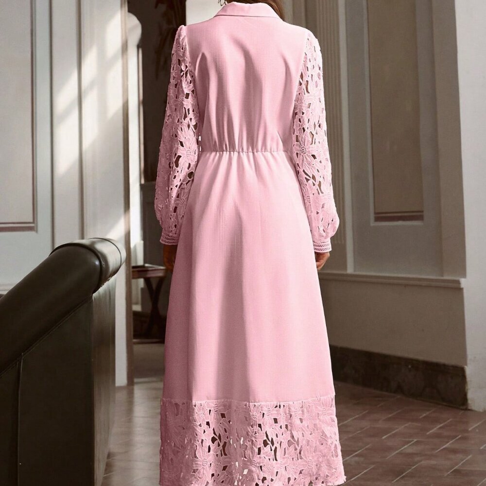 Pink Elegant Women's Hollow Lace Long Dress - Picture 7 of 7